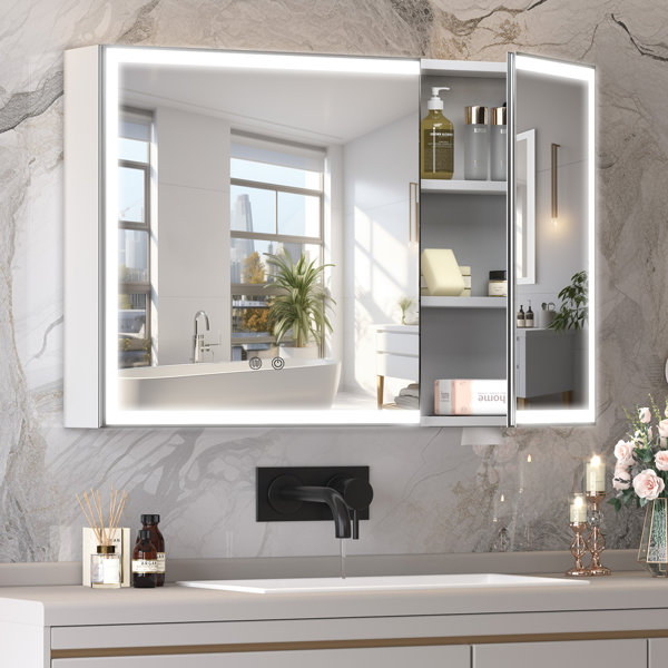 Wrought Studio White Bathroom Mirror Cabinet with LED Lights, 2 Doors ...